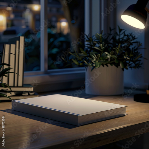 Mockup of a new book with blank white cover in modern neat style on a wooden desk in a room at night background. Square template for social media post for books and advertisement.