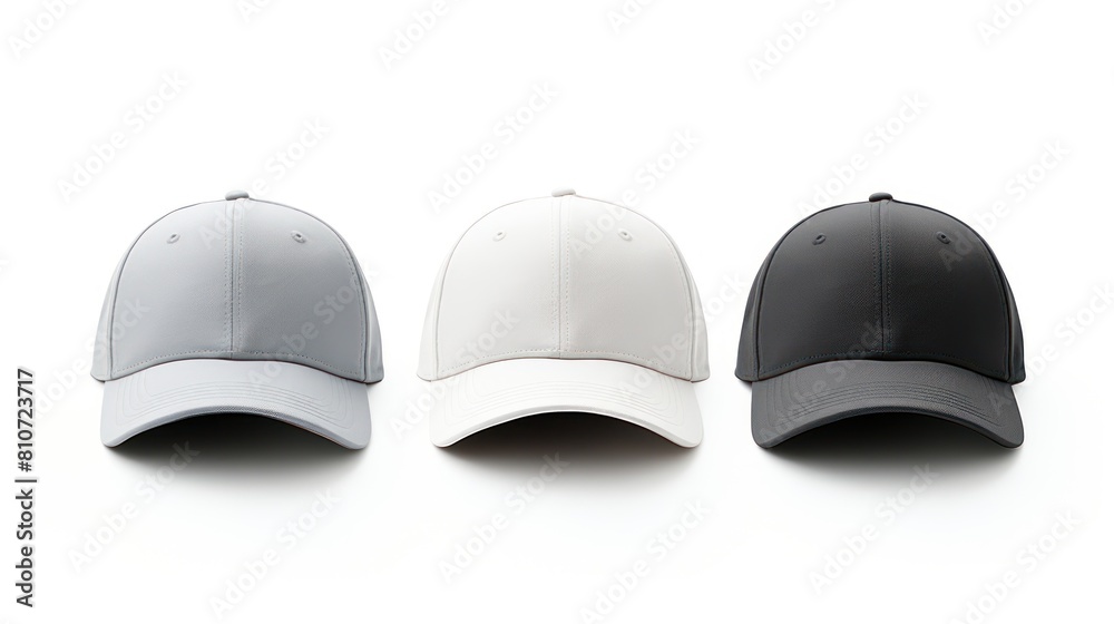 three baseball caps, white, gray and black for mockup on white background three baseball caps, white, gray and black for mockup on white background