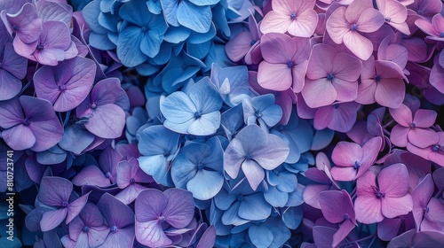 coloring book Hydrangeas with blue and purple petals, close-up.