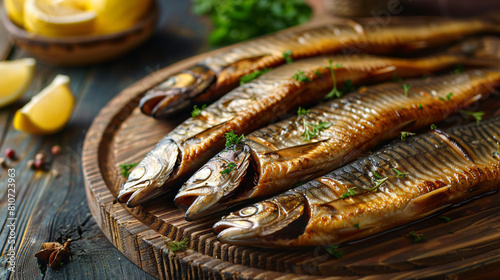 Wooden board with smoked herring fishes on table close