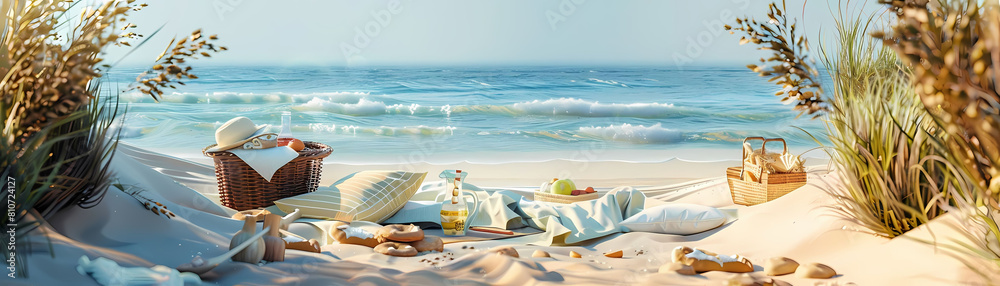 summer beach picnic background featuring a clear blue sky, small white waves, and a wicker basket summer beach picnic background featuring a clear blue sky, small white waves, and a wicker basket