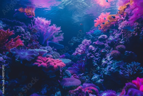 Futuristic landscape view of a vibrant coral reef, displayed in cyberpunk 80s color, merging with a banner sharpen with copy space