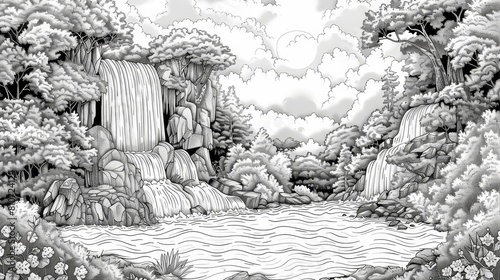 coloring book The beautiful black and white photo of a misty forest with a waterfall and a small pond in front of it.