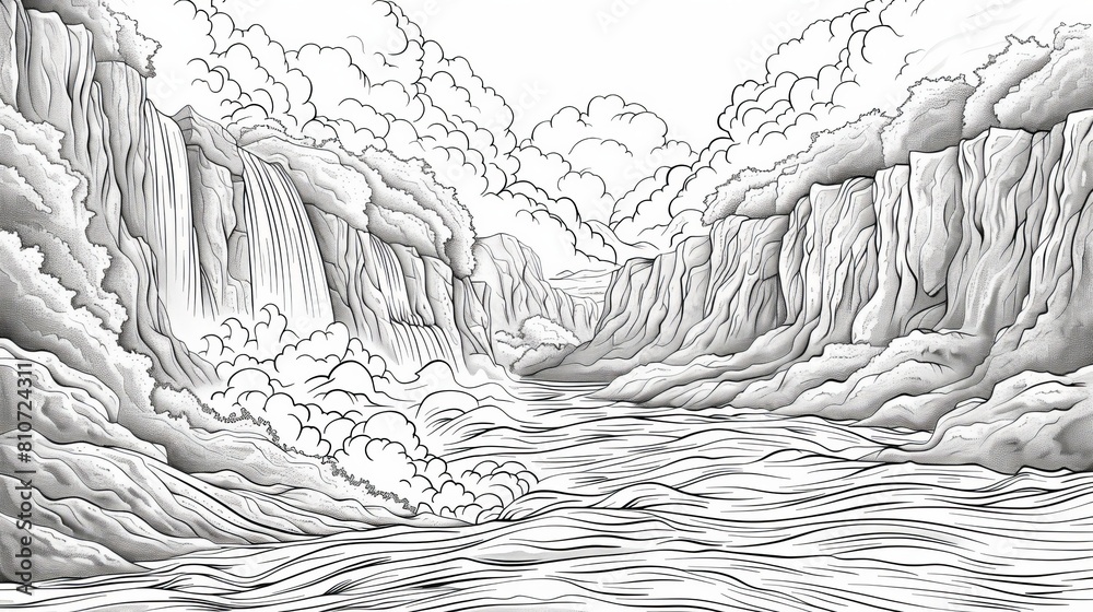 coloring book The image is a black and white drawing of a canyon. The canyon is surrounded by tall cliffs and there is a river running through the middle of it. The cliffs are covered in snow.