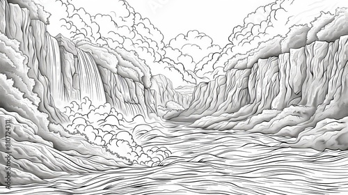 coloring book The image is a black and white drawing of a canyon. The canyon is surrounded by tall cliffs and there is a river running through the middle of it. The cliffs are covered in snow.