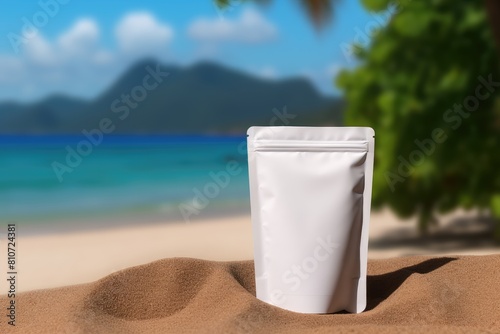 coffee pouch packaging for mockup lying on the beautiful beach photo