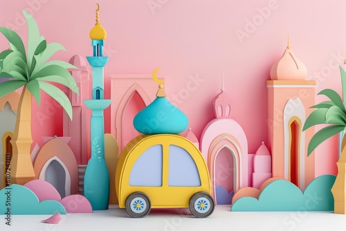 Futuristic Pop art color of a futuristic vehicle during Eid alFitr, crafted in paper art styles, envisioning peaceful travels, kawaii template sharpen with copy space
