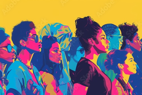 Futuristic Pop art style of a diverse crowd celebrating International Womens Day, with vibrant retro color, banner sharpen with copy space