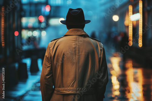 Mysterious man in trench coat under the rain at night in style of film 80s generative AI