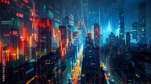 Skyline pulsing with stock market charts, neon glow over metropolitan bustle photo