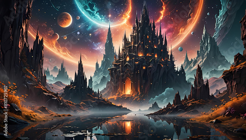 Fantasy Royal Castle Theme With a Galaxy Sky filled with planets #810725907
