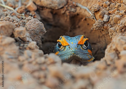 Butterfly agama lizard (leiolepis belliana) out of the underground hole. photo