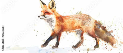 A tiny watercolor of a sprightly fox, cunning and quick, isolated with a white background photo
