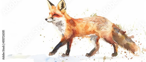 A tiny watercolor of a sprightly fox, cunning and quick, isolated with a white background