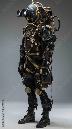 Steampunk of an experimental powered exoskeleton with steampowered kinetics and brass detailing photo