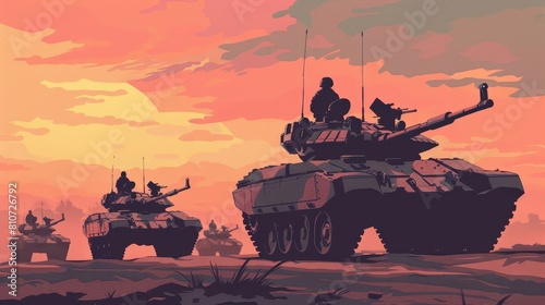 Vector Art of armored vehicles and artillery in precision movement during a ceremony, presented in a minimalist and highdefinition style with subtle color tones photo
