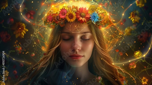 A beautiful woman with crown of colorful flower in front portrait and background with dark space  shining golden light effects and sacred geometry elements around her head.