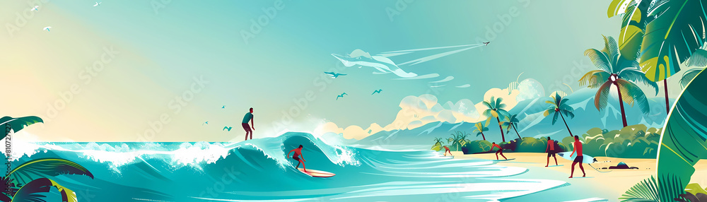 summer surfing safari illustration featuring a blue sky and a white and red surfboard
