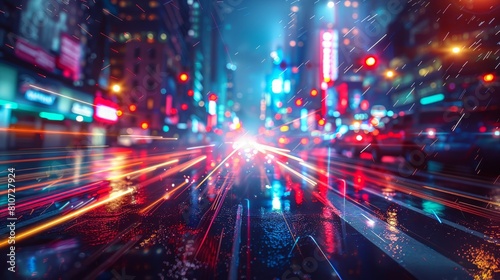 Cyberpunk metropolis comes alive with dynamic light streams at nightfall © siti