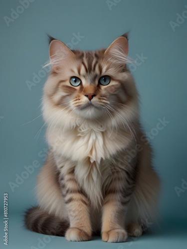 A Ragamuffin cat is sitting on a blue background. AI generated image