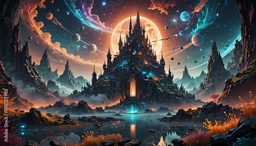 Fantasy Royal Castle Theme With a Galaxy Sky filled with planets