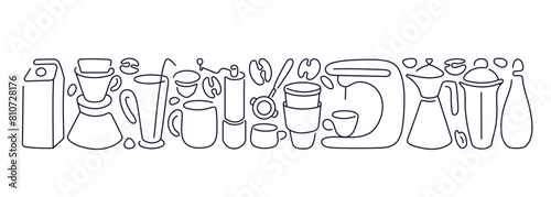 Cafe, coffee bean, tea, cocktail. Art line border
