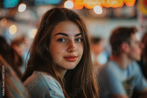 Confident woman with blue eyes sitting in a restaurant  engaged in a trivia competition at a trivia night event