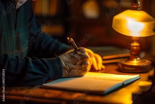 A man sitting at a desk, writing on a piece of paper next to a lamp