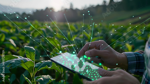 Crop farmer using AI technology on smart pad to improve farming efficiency and agricultural processes - Generated by Generative AI