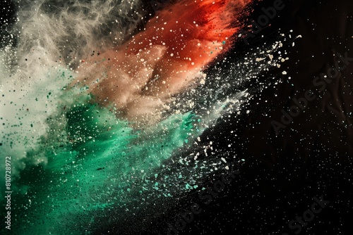Black, green, red, and white powders representing the colors of the Indian flag splashing into the water in a dynamic and vibrant display