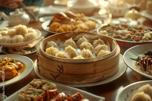 Close-up view of a table adorned with various plates of famous Chinese cuisine dishes such as noodles and dumplings