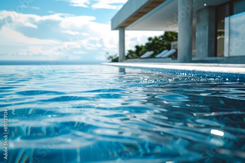 Infinity pool at modern villa overlooking house in background