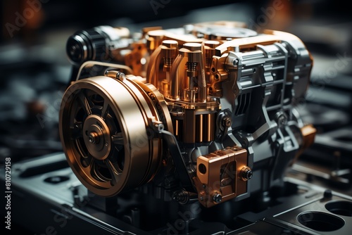 A robust engine in motion, mechanical parts glistening, showcasing power and innovation, ideal for technology ads photo