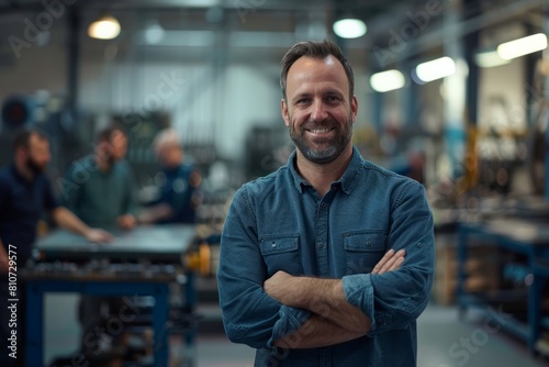 A male technician stands with crossed arms in a bustling factory workshop, exuding confidence