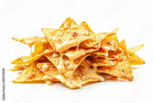 A commercial photo featuring a stack of corn chips nachos smothered in melted cheese, presented on a bright white background photo