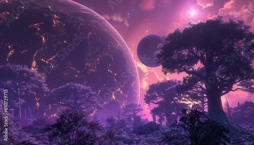 An exoplanets purple forests are filled with trees that absorb heavy metals, purifying the environment and providing resources photo