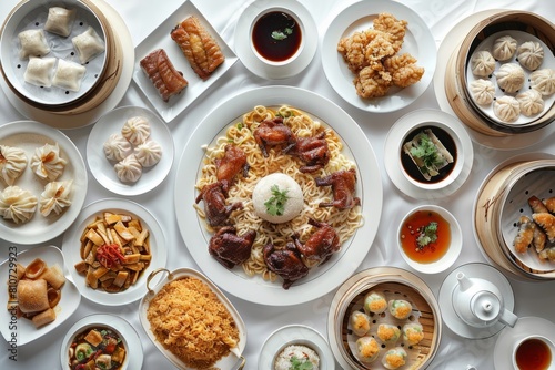 A large round table filled with a variety of Chinese food dishes, including noodles, dumplings, stir-fry, and more