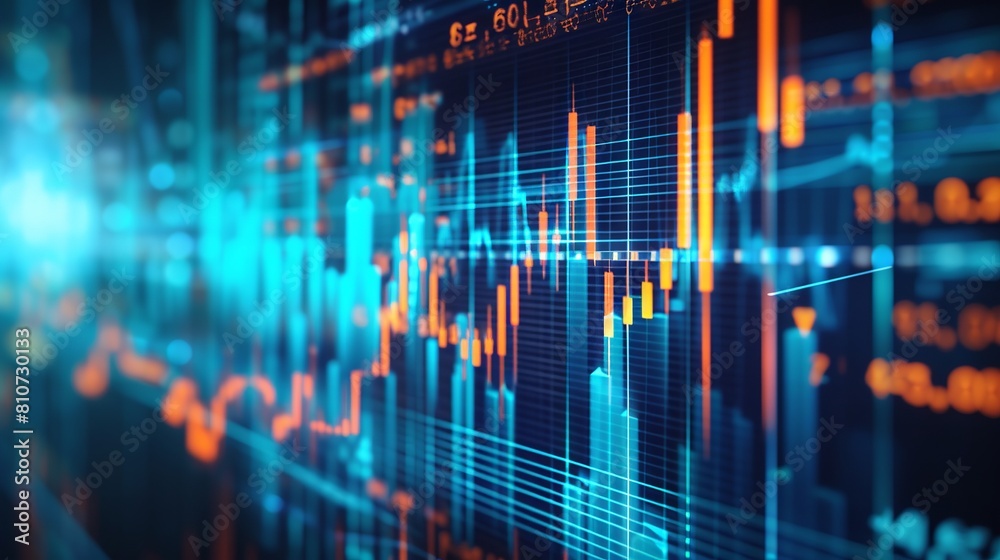 In-depth analysis: intricate financial data and market trends visualization over futuristic tech-inspired backdrop In-depth analysis: intricate financial data and market trends visualization over futuristic tech-inspired backdrop