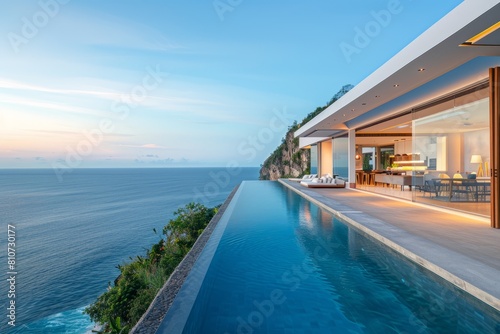 A wide swimming pool located beside the ocean, offering a stunning view of the water © Ilia Nesolenyi