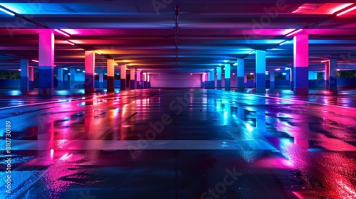 Colorful light beams in a deserted car park with glossy reflections after rain