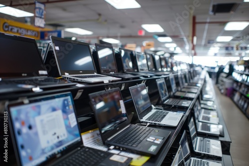 A row of laptop computers neatly arranged on a shelf in an electronic store for sale