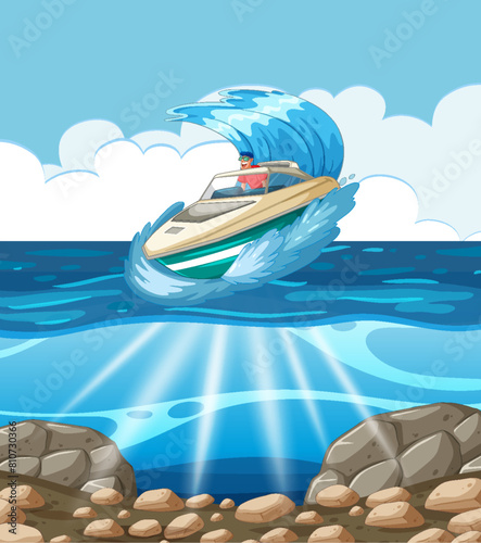 Vector illustration of a speedboat creating waves