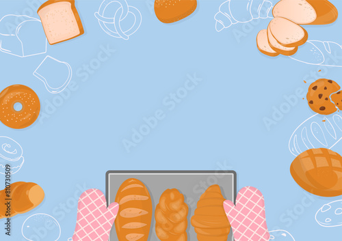 Bread and pastry on blue background