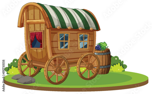 Illustration of a quaint wooden caravan with barrel