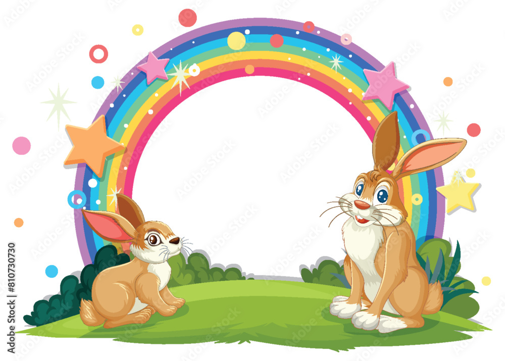 Two rabbits under a vibrant rainbow arch Two rabbits under a vibrant rainbow arch