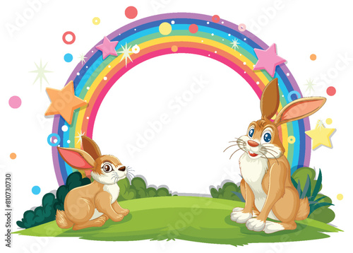 Two rabbits under a vibrant rainbow arch