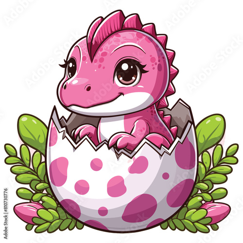 vector Cartoon baby pink spinosaurus hatching from egg
