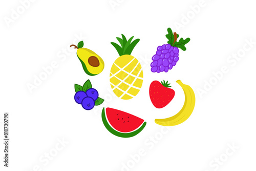 Set of colorful cartoon fruit icons:  strawberry, banana, watermelon, pineapple, grapes, cherry, blueberry,avocado