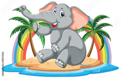 Cheerful elephant sitting under palm trees on an island.