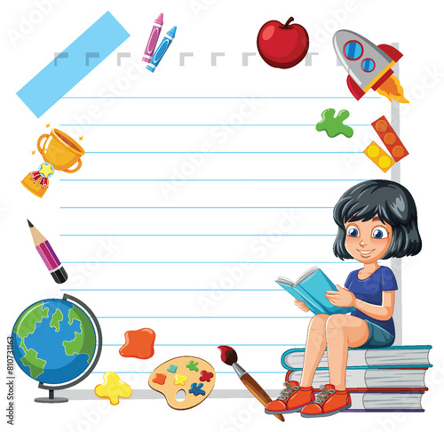 Illustration of a girl reading surrounded by educational items